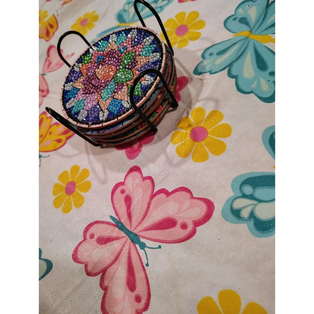 Round Multicolor Mandala Floral Coaster Set, 6pc w/ Metal Holder Rack